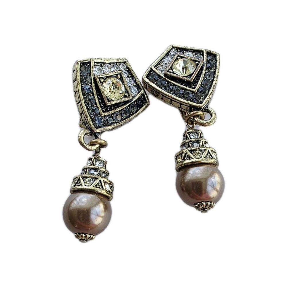 Heidi Daus Modern PEARL SWAROVSKI Crystal BRONZE TONE CLIP ON EARRINGS Cognac